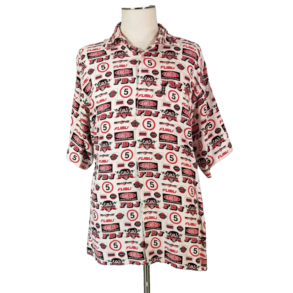 FUBU shirt men's‎ large white button up short sleeve all over print Y2K Hip Hop